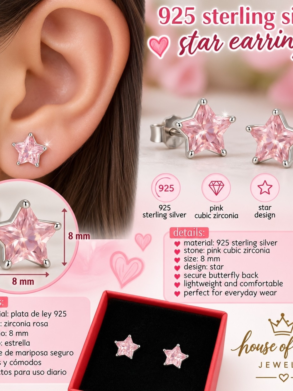 House of Joy Pink Star Stud Earrings in 925 Sterling Silver